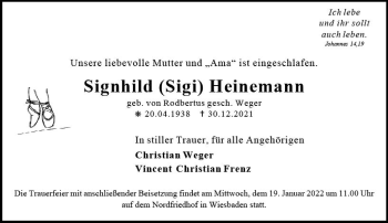 Traueranzeige von Signhild Heinemann von vrm-trauer Wiesbadener Kurier