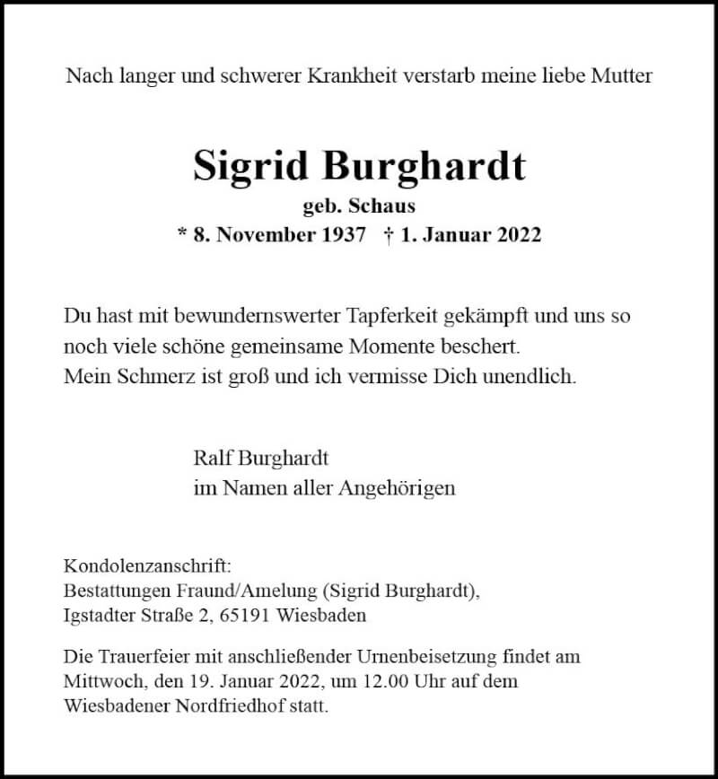  Traueranzeige für Sigrid Burghardt vom 15.01.2022 aus vrm-trauer Wiesbadener Kurier
