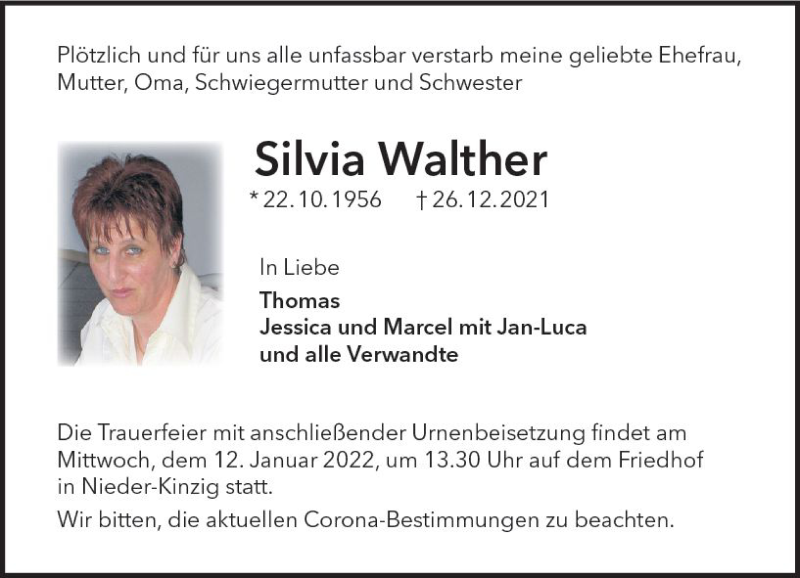  Traueranzeige für Silvia Walther vom 08.01.2022 aus vrm-trauer Odenwälder Echo