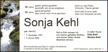 Traueranzeige von Sonja Kehl von vrm-trauer AZ Mainz