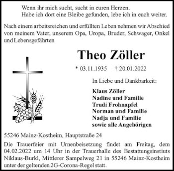 Traueranzeige von Theo Zöller von vrm-trauer AZ Mainz
