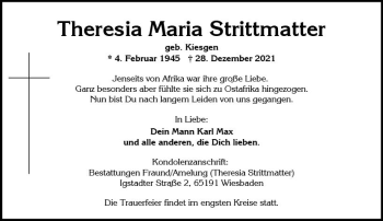 Traueranzeige von Theresia Maria Strittmatter von vrm-trauer Wiesbadener Kurier