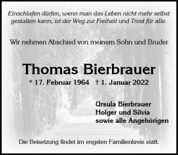 Traueranzeige von Thomas Bierbrauer von vrm-trauer Wiesbadener Kurier