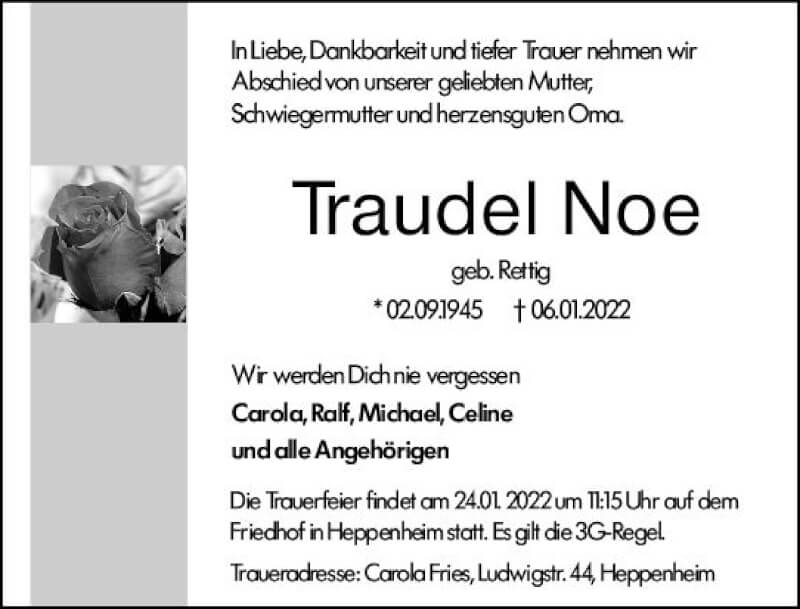  Traueranzeige für Traudel Noe vom 22.01.2022 aus vrm-trauer Bürstädter/Lamperth. Ztg/Starkenburger