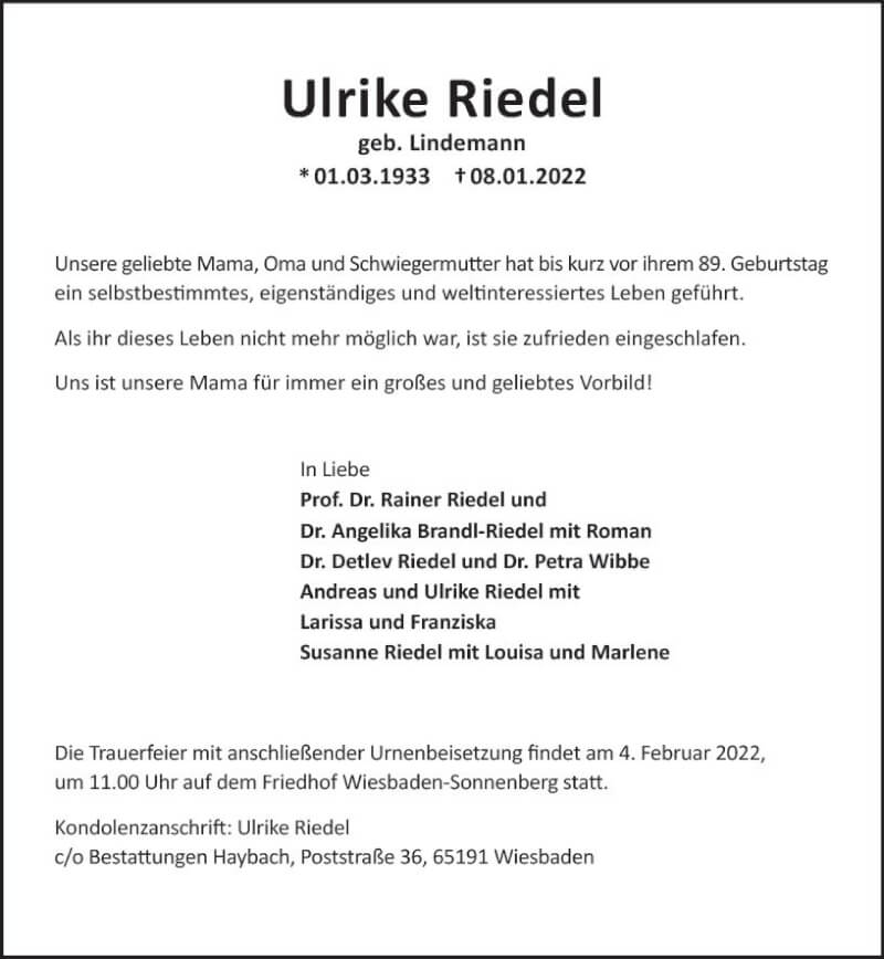  Traueranzeige für Ulrike Riedel vom 15.01.2022 aus vrm-trauer Wiesbadener Kurier