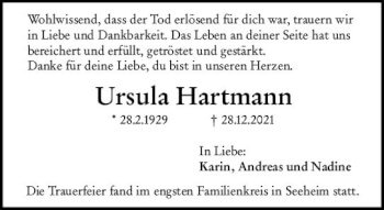 Traueranzeige von Ursula Hartmann von vrm-trauer Darmstädter Echo