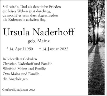 Traueranzeige von Ursula Naderhoff von vrm-trauer Wiesbadener Kurier