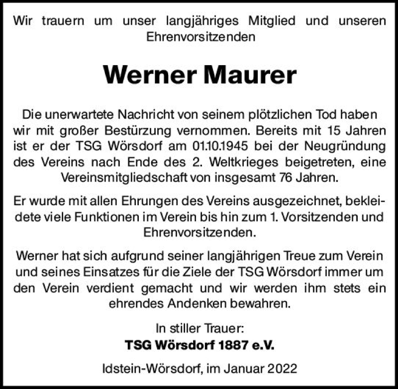  Traueranzeige für Werner Maurer vom 08.01.2022 aus vrm-trauer Idsteiner Zeitung