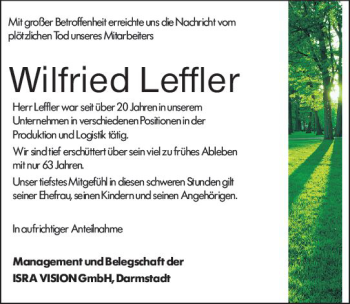 Traueranzeige von Wilfried Leffler von vrm-trauer Darmstädter Echo