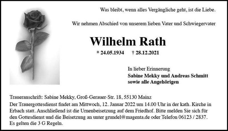  Traueranzeige für Wilhelm Rath vom 08.01.2022 aus vrm-trauer Rheingau