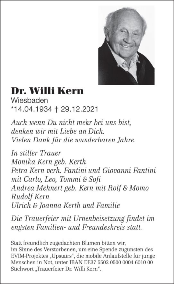 Traueranzeige von Willi Kern von vrm-trauer Wiesbadener Kurier