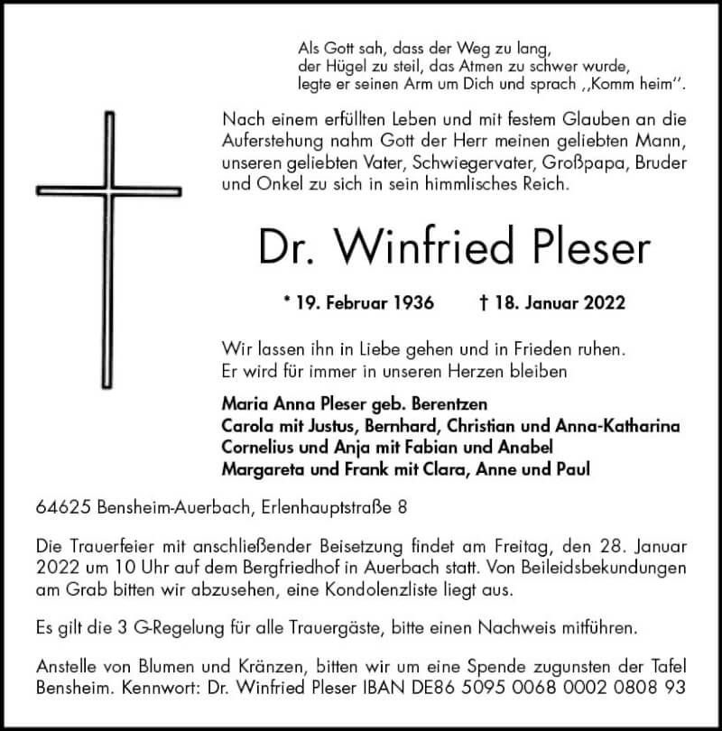  Traueranzeige für Winfried Pleser vom 22.01.2022 aus vrm-trauer Darmstädter Echo