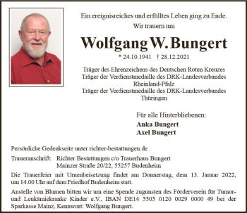 Traueranzeige von Wolfgang W. Bungert von vrm-trauer AZ Mainz