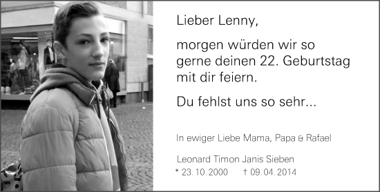 Traueranzeige von Leonard Timon Janis Sieben von vrm-trauer AZ Mainz