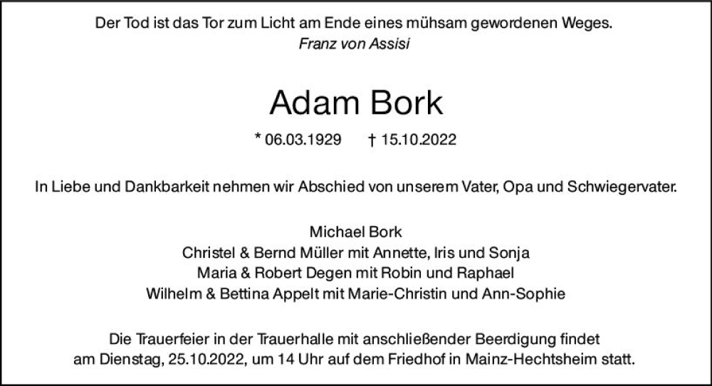  Traueranzeige für Adam Bork vom 22.10.2022 aus vrm-trauer AZ Mainz