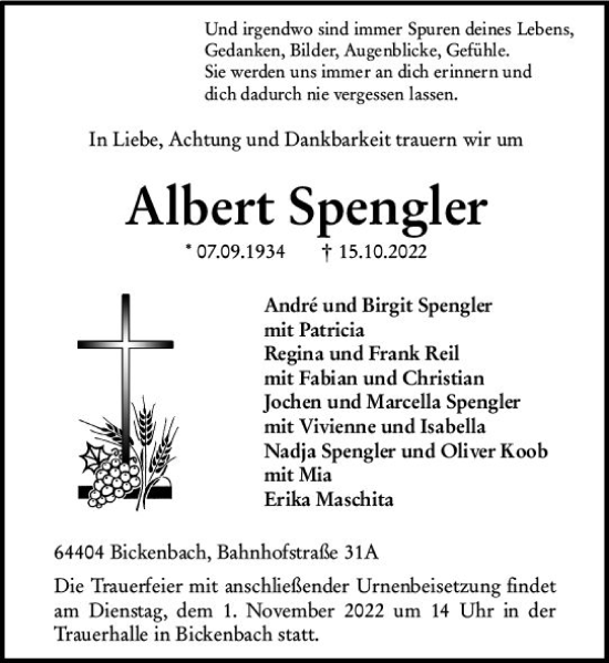 Traueranzeige von Albert Spengler von vrm-trauer Darmstädter Echo