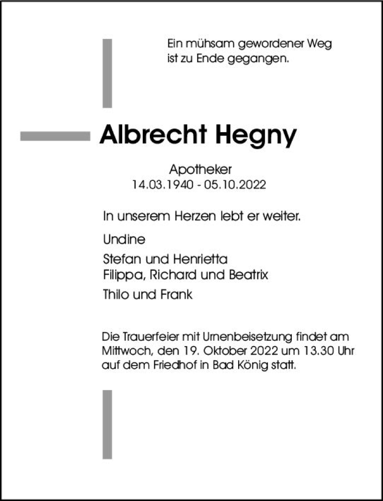  Traueranzeige für Albrecht Hegny vom 15.10.2022 aus vrm-trauer Odenwälder Echo