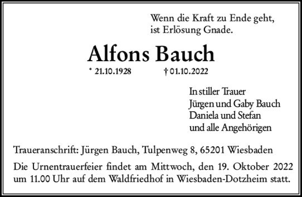  Traueranzeige für Alfons Bauch vom 08.10.2022 aus vrm-trauer Wiesbadener Kurier