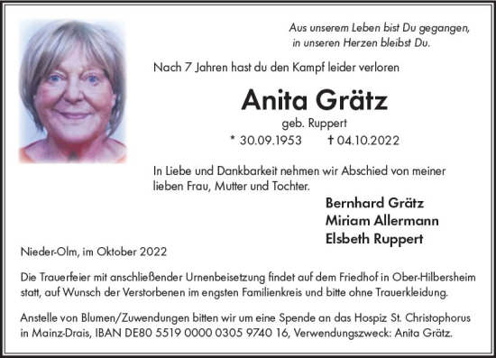 Traueranzeige von Anita Grätz von vrm-trauer Allgemeine  Zeitung Ingelheim-Bingen