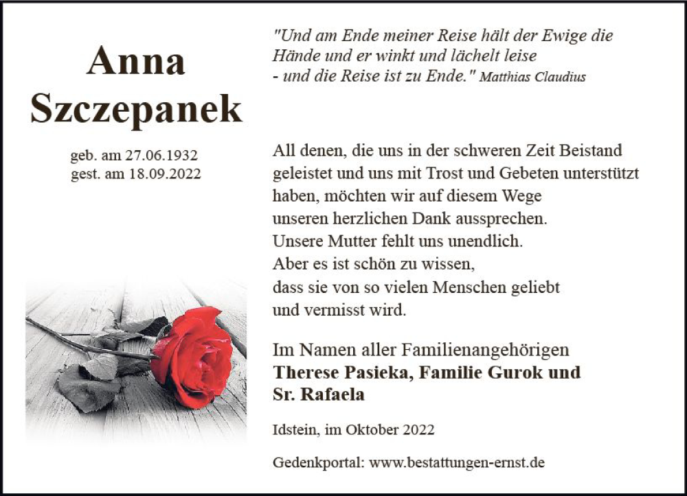  Traueranzeige für Anna Szczepanek vom 22.10.2022 aus vrm-trauer Idsteiner Zeitung