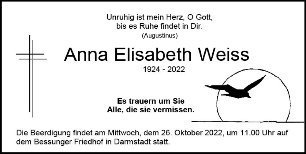  Traueranzeige für Anna Elisabeth Weiss vom 22.10.2022 aus vrm-trauer Darmstädter Echo
