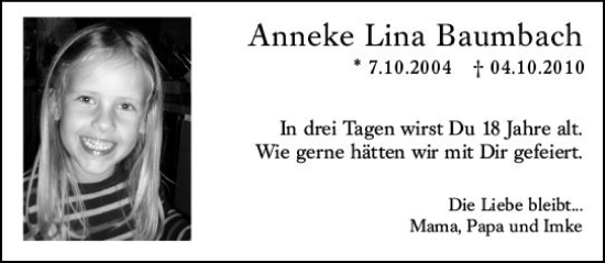 Traueranzeige von Anneke Lina Baumbach von vrm-trauer AZ Mainz