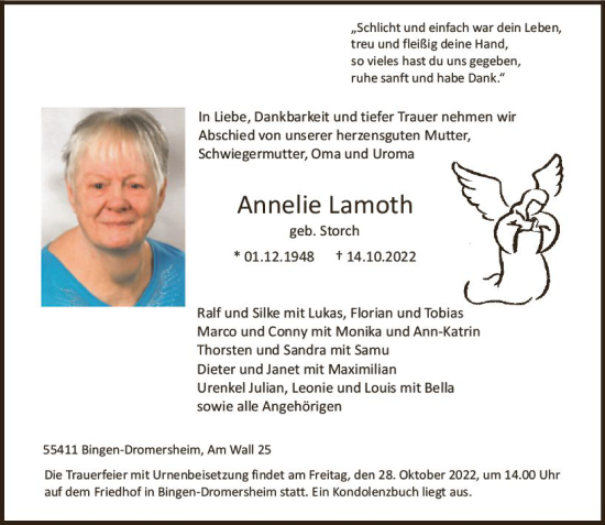 Traueranzeige von Annelie Lamoth von vrm-trauer Allgemeine  Zeitung Ingelheim-Bingen