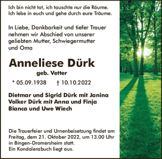 Traueranzeige von Anneliese Dürk von vrm-trauer Allgemeine  Zeitung Ingelheim-Bingen