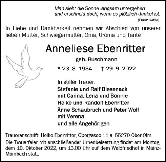 Traueranzeige von Anneliese Ebenritter von vrm-trauer AZ Mainz