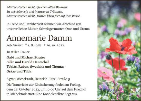 Traueranzeige von Annemarie Damm von vrm-trauer Odenwälder Echo