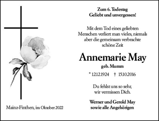 Traueranzeige von Annemarie May von vrm-trauer AZ Mainz