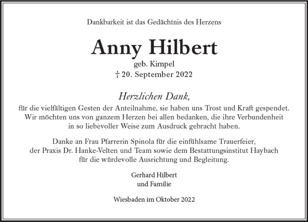  Traueranzeige für Anny Hilbert vom 22.10.2022 aus vrm-trauer Wiesbadener Kurier