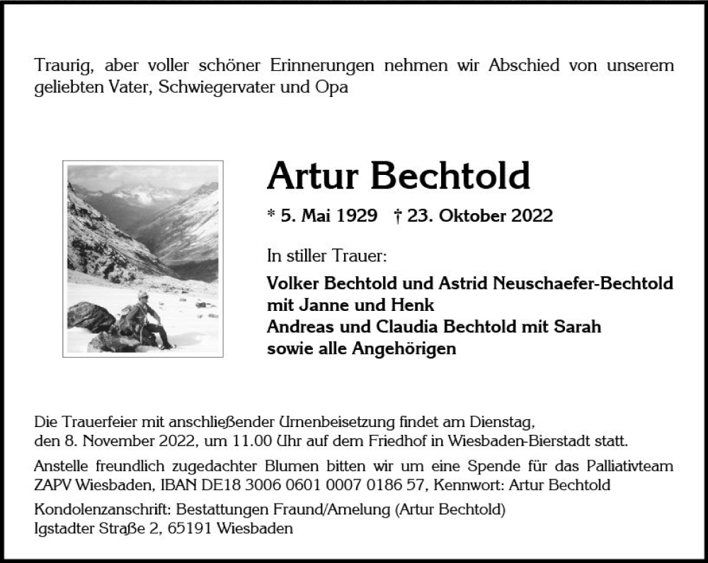  Traueranzeige für Artur Bechtold vom 29.10.2022 aus vrm-trauer Wiesbadener Kurier