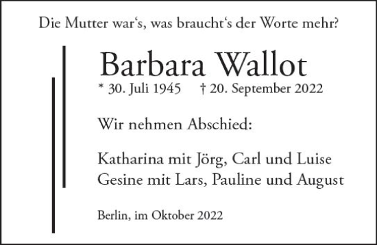 Traueranzeige von Barbara Wallot von vrm-trauer AZ Mainz