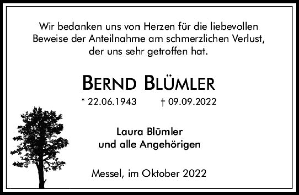  Traueranzeige für Bernd Blümler vom 08.10.2022 aus vrm-trauer Darmstädter Echo