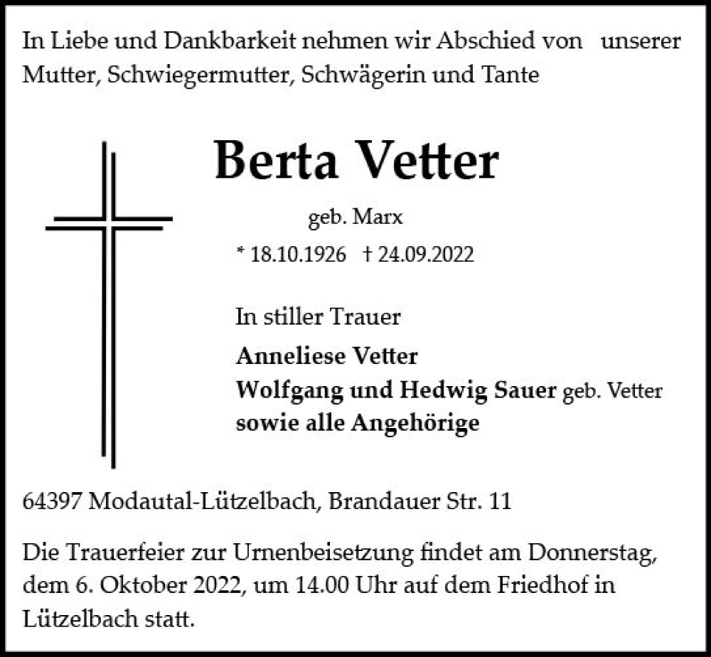  Traueranzeige für Berta Vetter vom 04.10.2022 aus vrm-trauer Darmstädter Echo