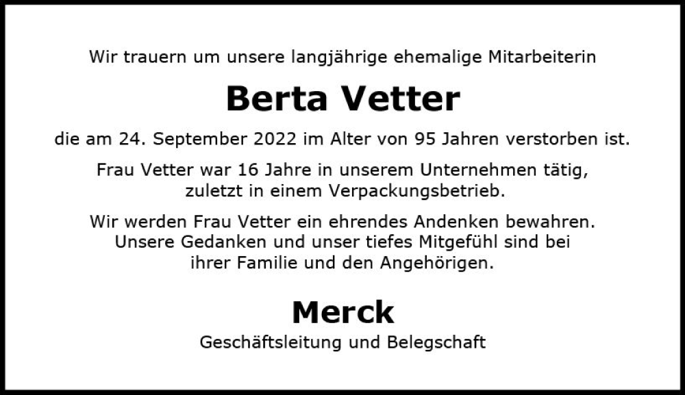  Traueranzeige für Berta Vetter vom 06.10.2022 aus vrm-trauer Darmstädter Echo