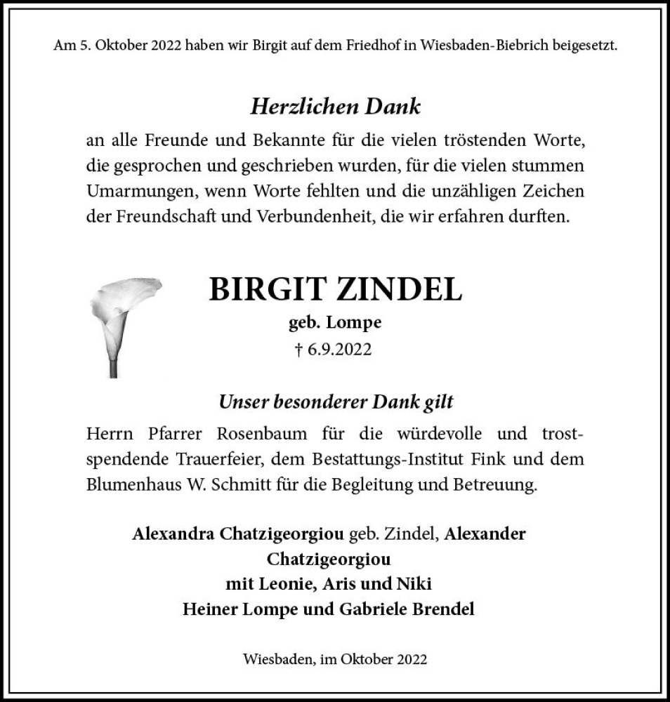  Traueranzeige für Birgit Zindel vom 08.10.2022 aus vrm-trauer Wiesbadener Kurier