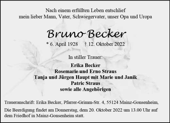 Traueranzeige von Bruno Becker von vrm-trauer AZ Mainz