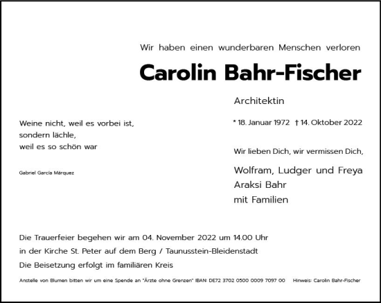 Traueranzeige von Carolin Bahr-Fischer von vrm-trauer Wiesbadener Kurier