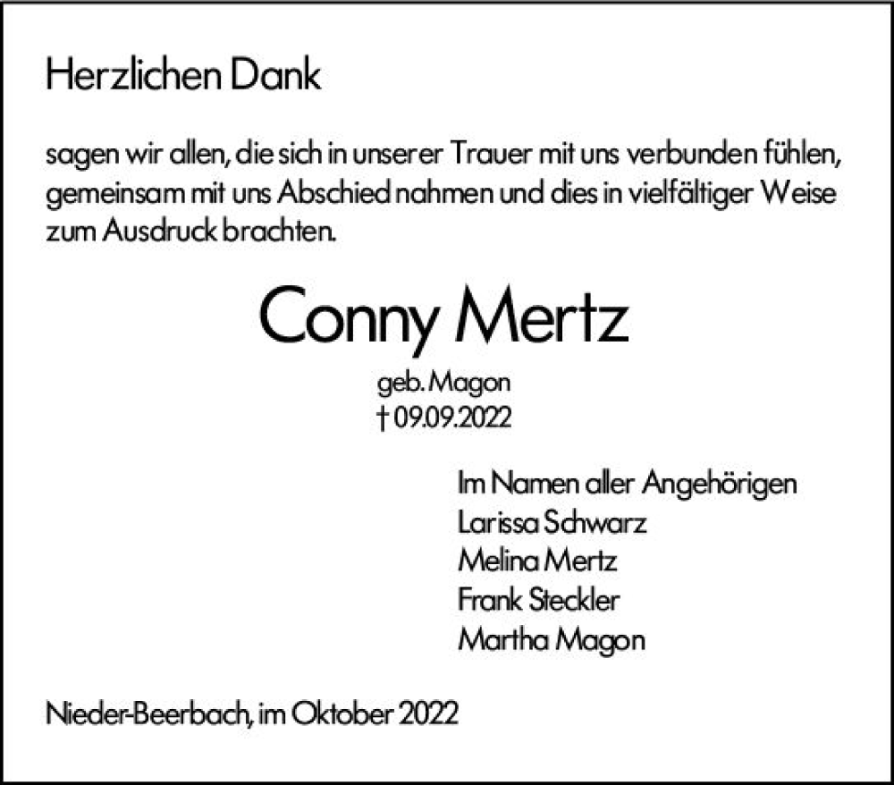  Traueranzeige für Conny Mertz vom 08.10.2022 aus vrm-trauer Darmstädter Echo