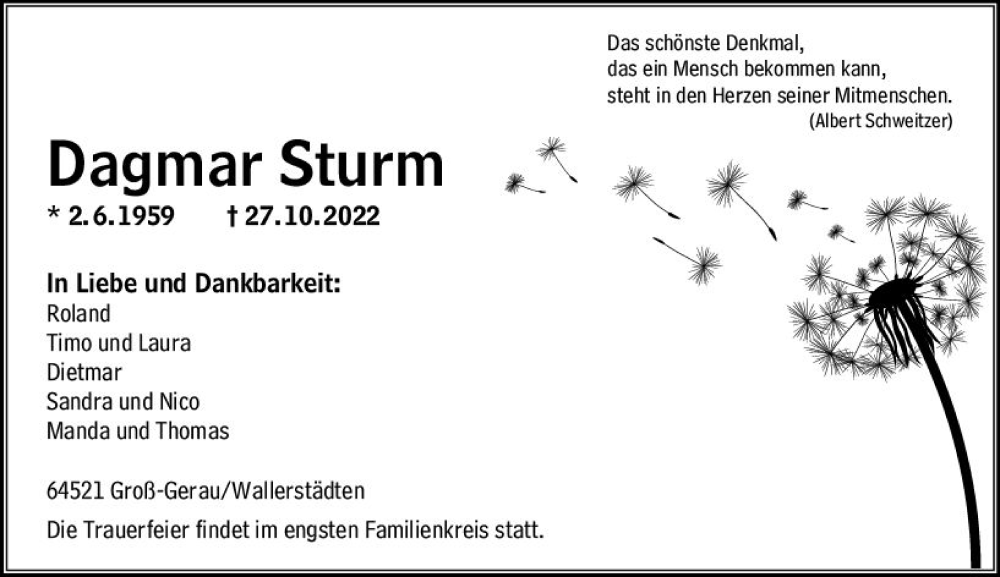  Traueranzeige für Dagmar Sturm vom 29.10.2022 aus vrm-trauer Groß-Gerauer Echo
