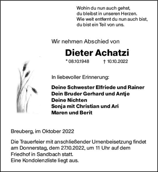 Traueranzeige von Dieter Achatzi von vrm-trauer Odenwälder Echo