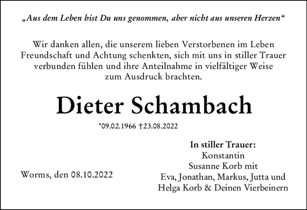  Traueranzeige für Dieter Schambach vom 08.10.2022 aus vrm-trauer Wormser Zeitung
