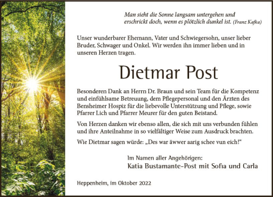 Traueranzeige von Dietmar Post von vrm-trauer Bürstädter/Lamperth. Ztg/Starkenburger
