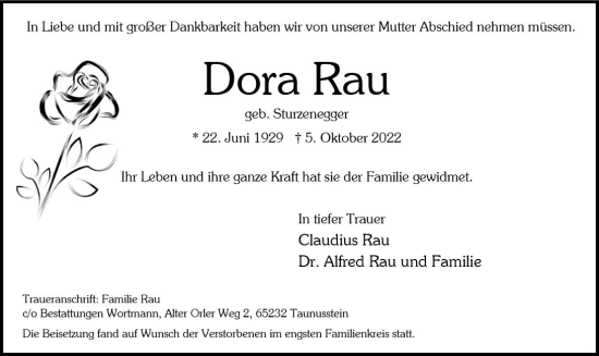 Traueranzeige von Dora Rau von vrm-trauer Wiesbadener Kurier
