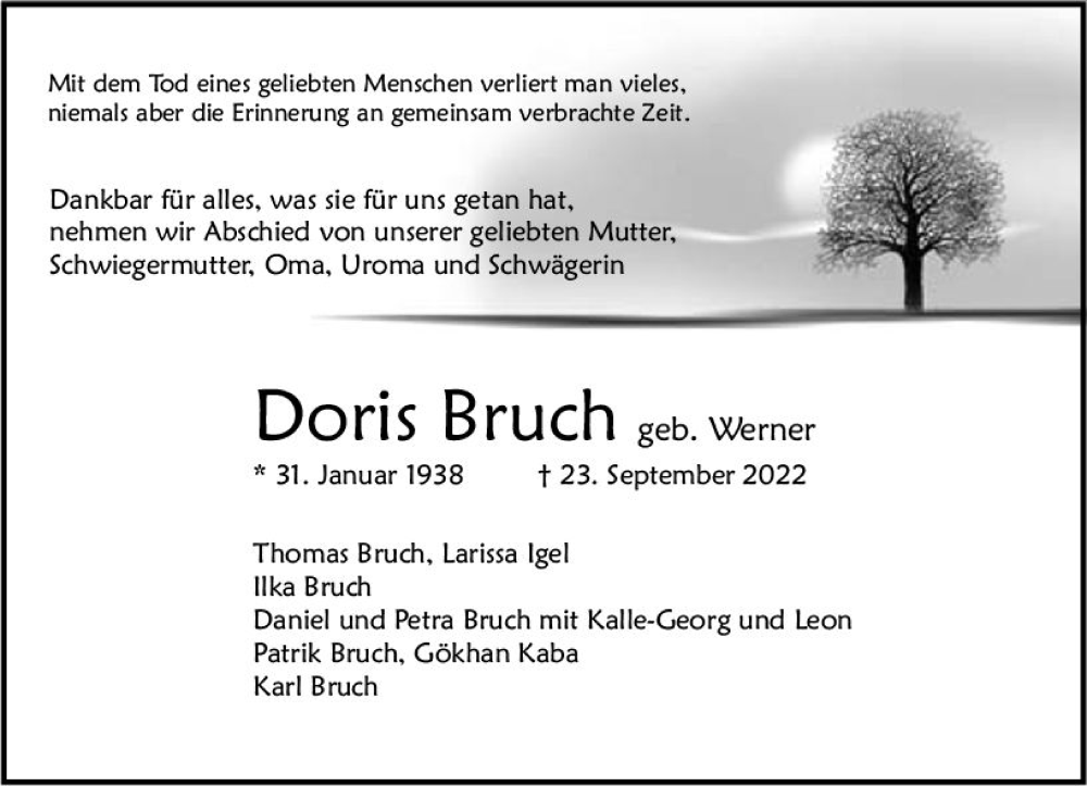  Traueranzeige für Doris Bruch vom 08.10.2022 aus vrm-trauer AZ Mainz