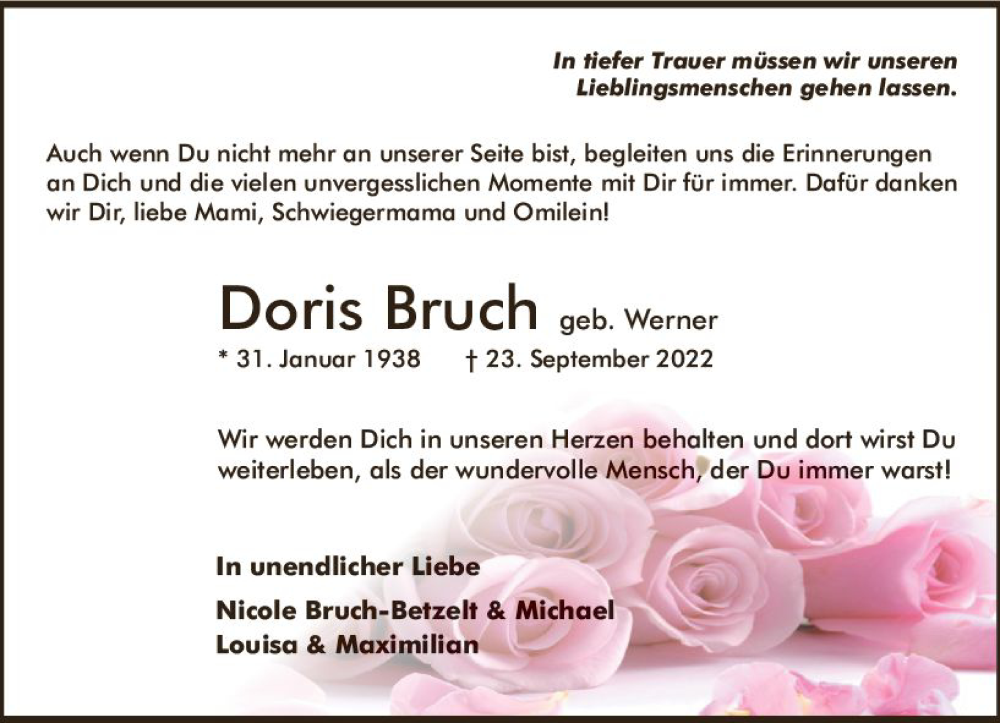  Traueranzeige für Doris Bruch vom 08.10.2022 aus vrm-trauer AZ Mainz