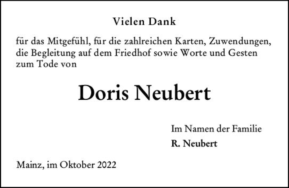  Traueranzeige für Doris Neubert vom 15.10.2022 aus vrm-trauer AZ Mainz