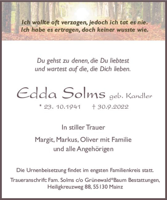 Traueranzeige von Edda Solms von vrm-trauer AZ Mainz
